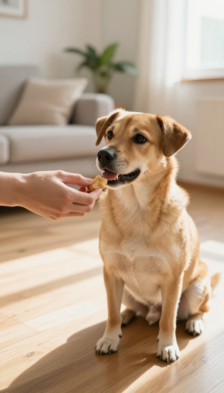 Hand offering a treat to a happy rescue dog in a bright living room, symbolizing positive reinforcement training.