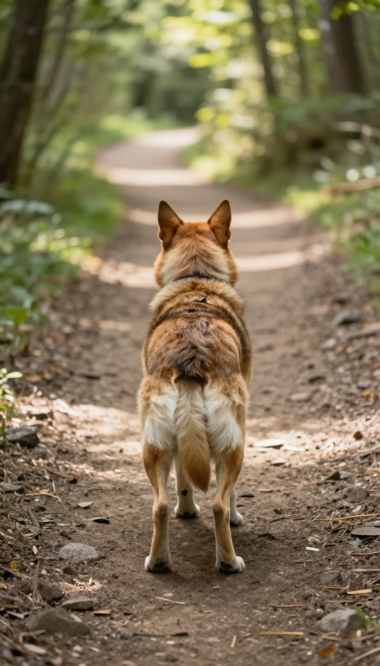 Dog stopping abruptly on a hiking trail