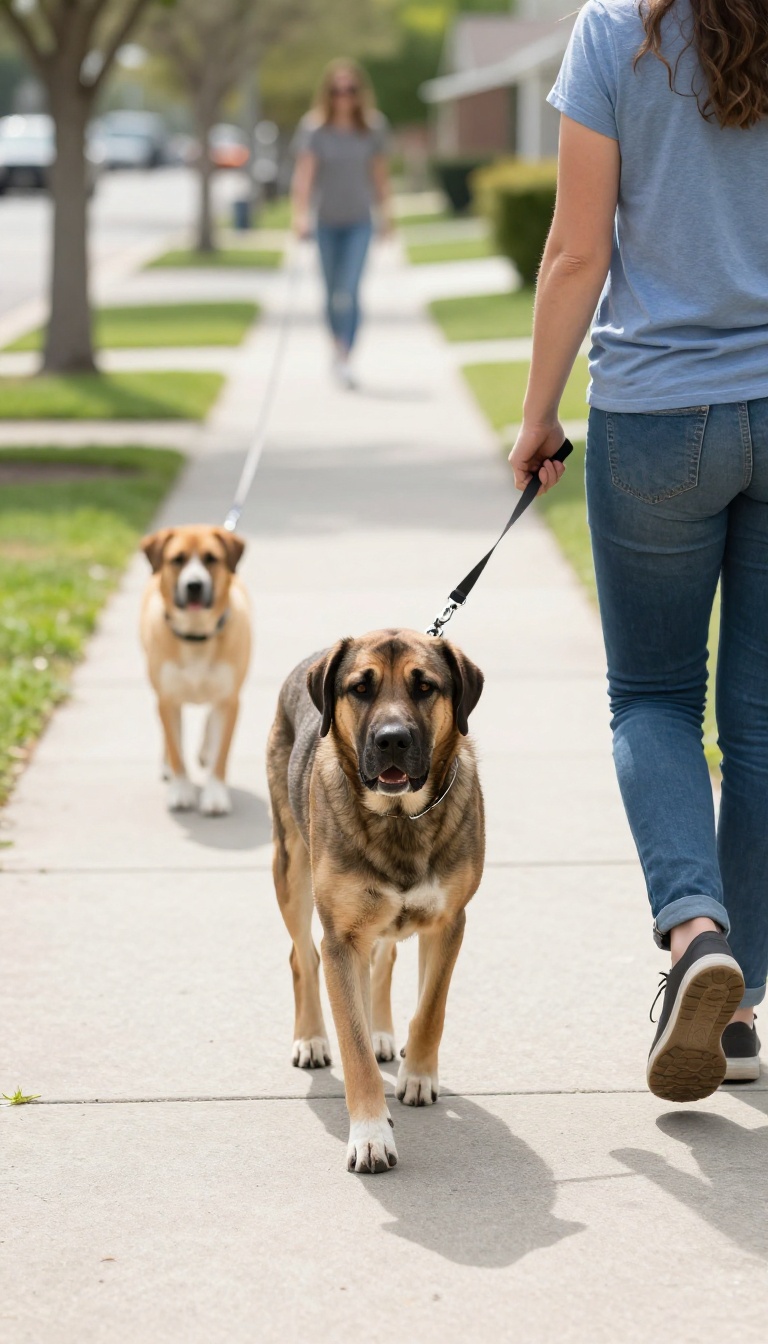 Large dog calmly walking past another dog while looking at its owner for a treat during a training session.
