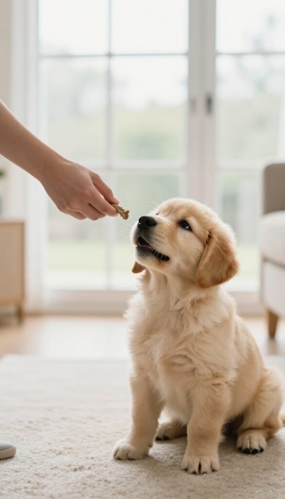 A person trades a treat for a toy with a puppy during a training session