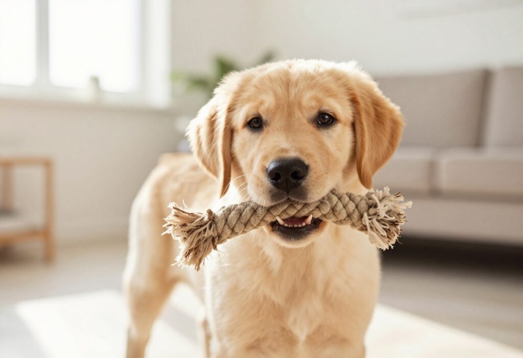 Puppy gently holding a rope toy during training