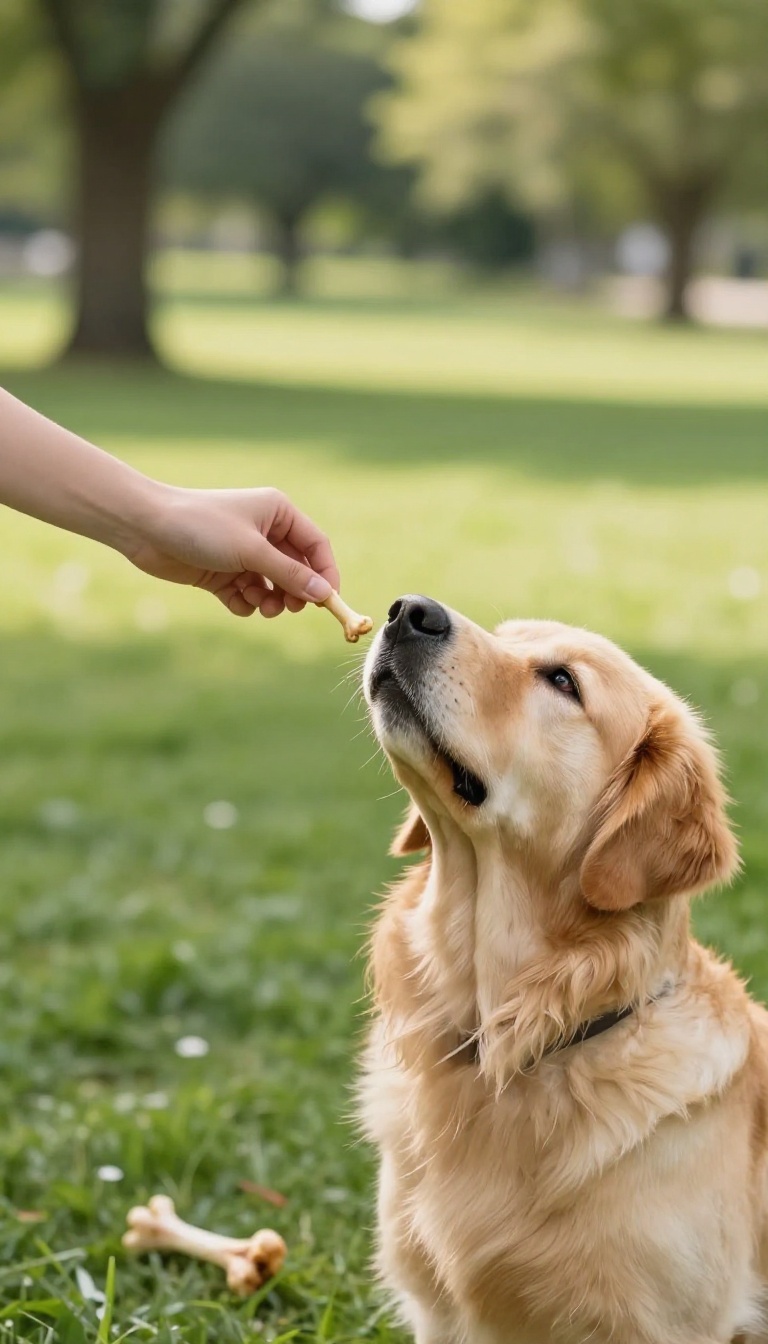 Person teaching a dog the leave it command in a park with a treat, while a chicken bone lies on the ground nearby.