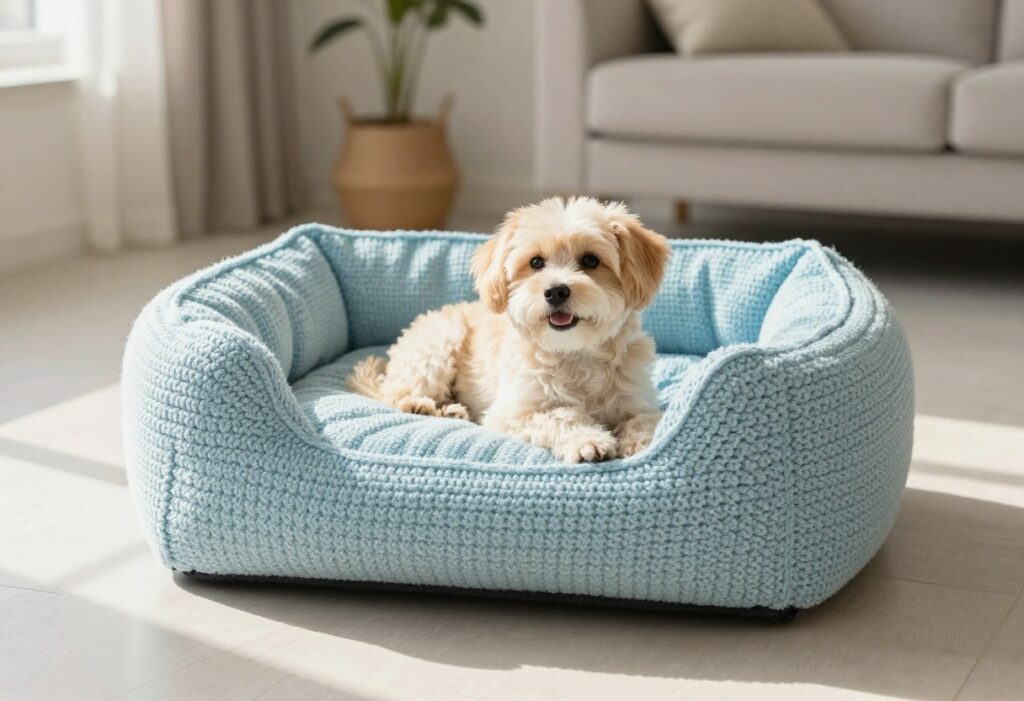 A small dog resting in a handmade crochet dog bed with a raised rim in a bright living room.