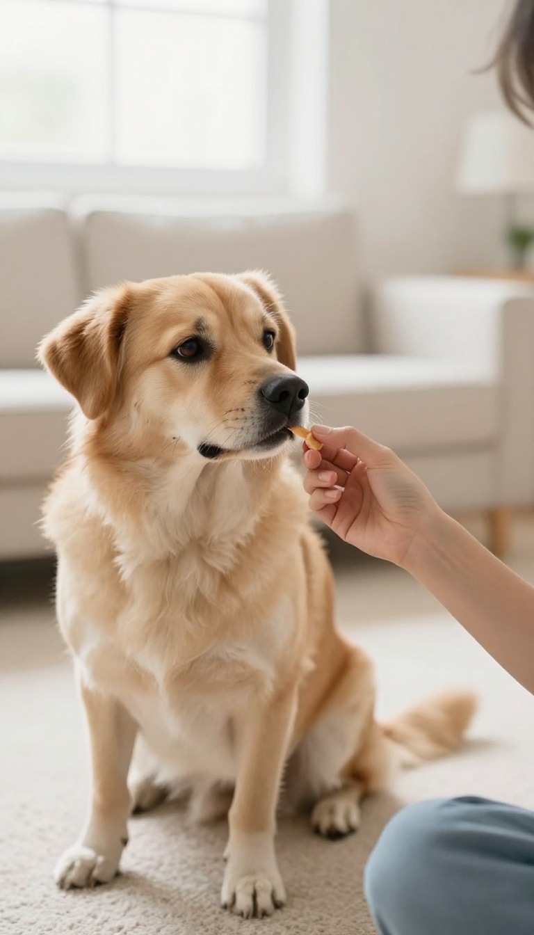 A person giving a consistent hand signal to a sitting dog with a treat, in a bright living room, illustrating clear dog training cues.
