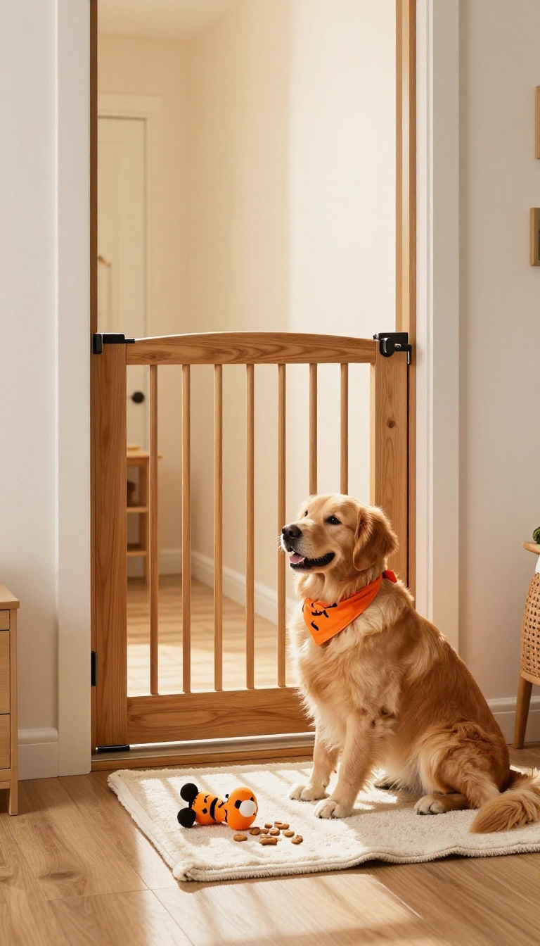 A golden retriever sitting calmly behind a baby gate in a bright, cozy entryway, with treats and a toy nearby, during Halloween.