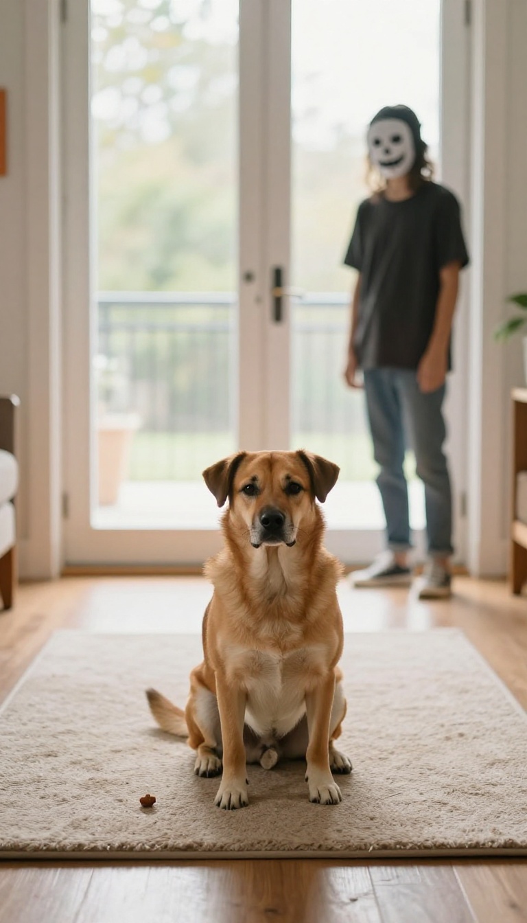 A dog calmly sitting on a mat near a front door while a person in a Halloween mask stands outside, practicing trick-or-treat manners.