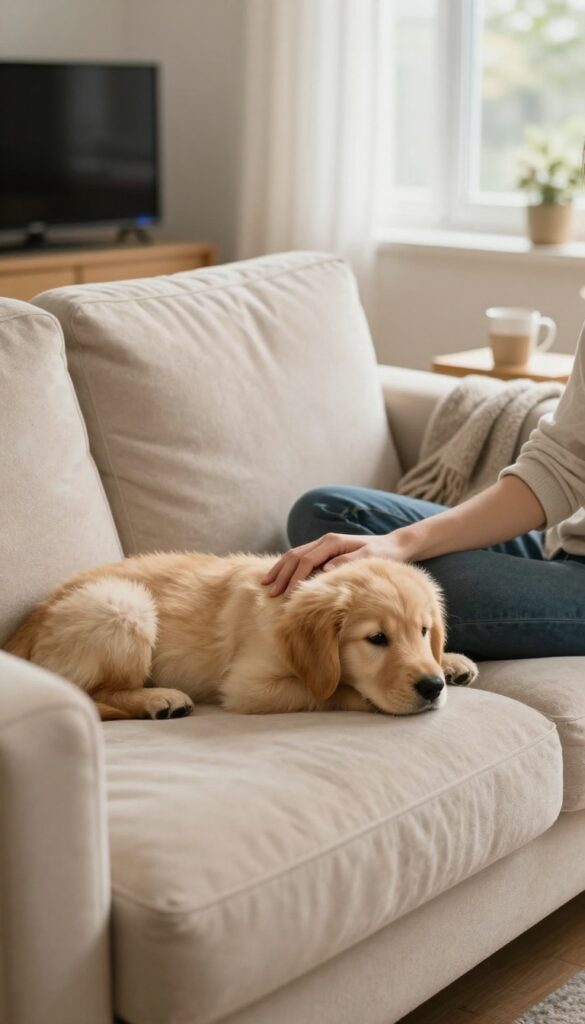 A person relaxing on a couch with a calm golden retriever puppy beside them, with a TV on in the background, in a bright, cozy living room.