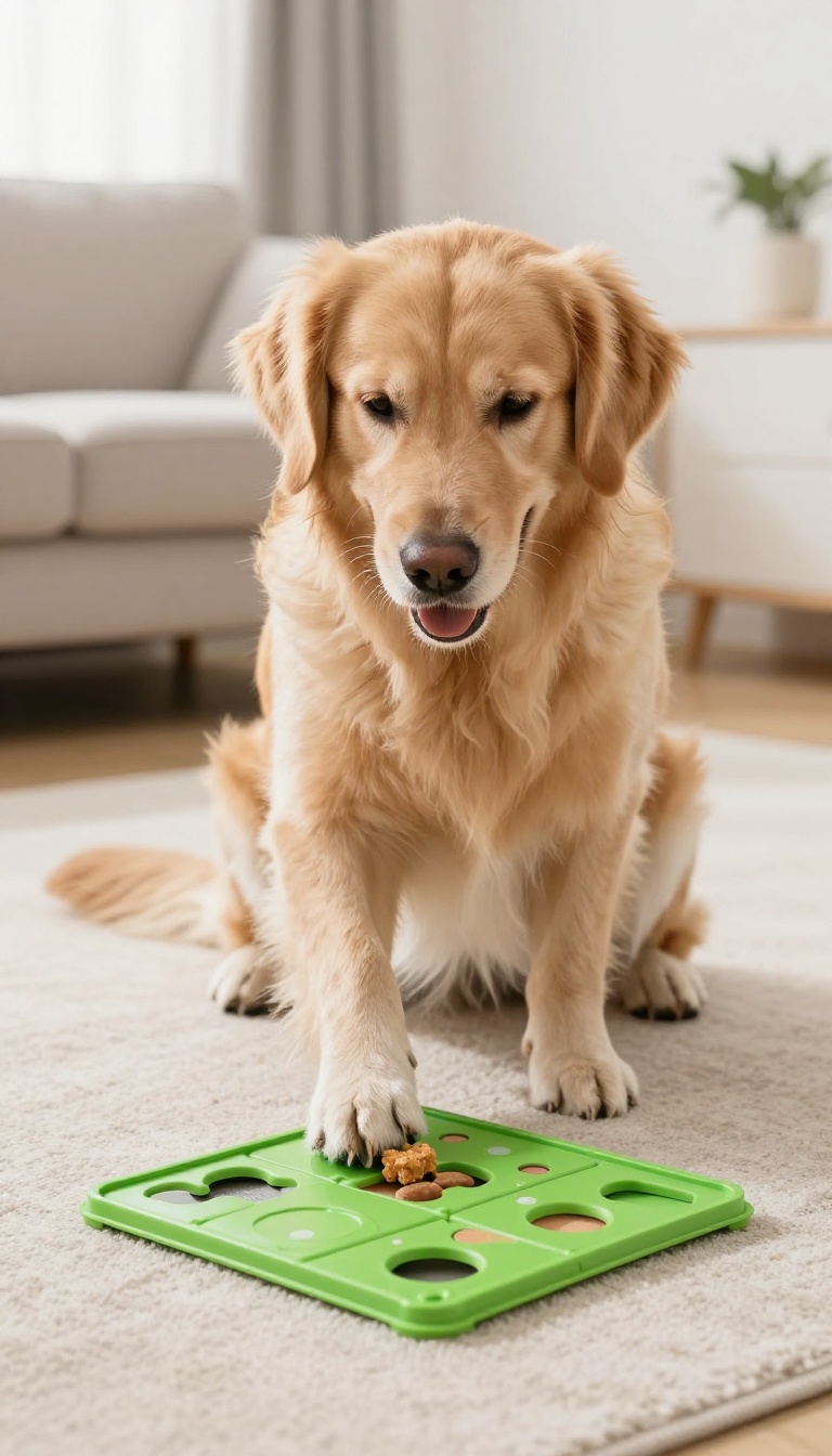 Dog solving an interactive puzzle toy indoors