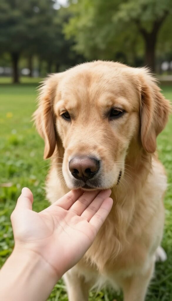 Dog touching its nose to a person's palm in a sunny park, illustrating the touch cue for redirecting attention.