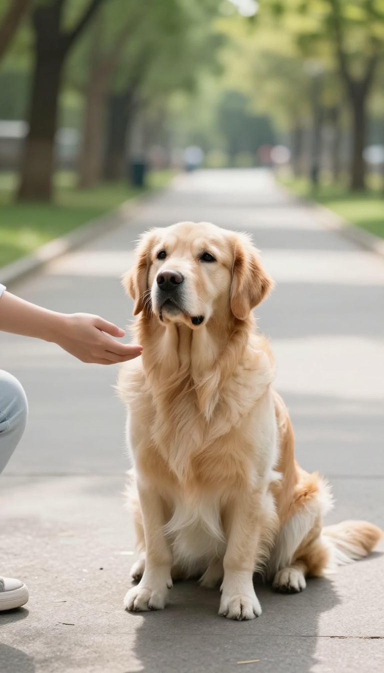Calm dog sitting politely for a controlled greeting in a park