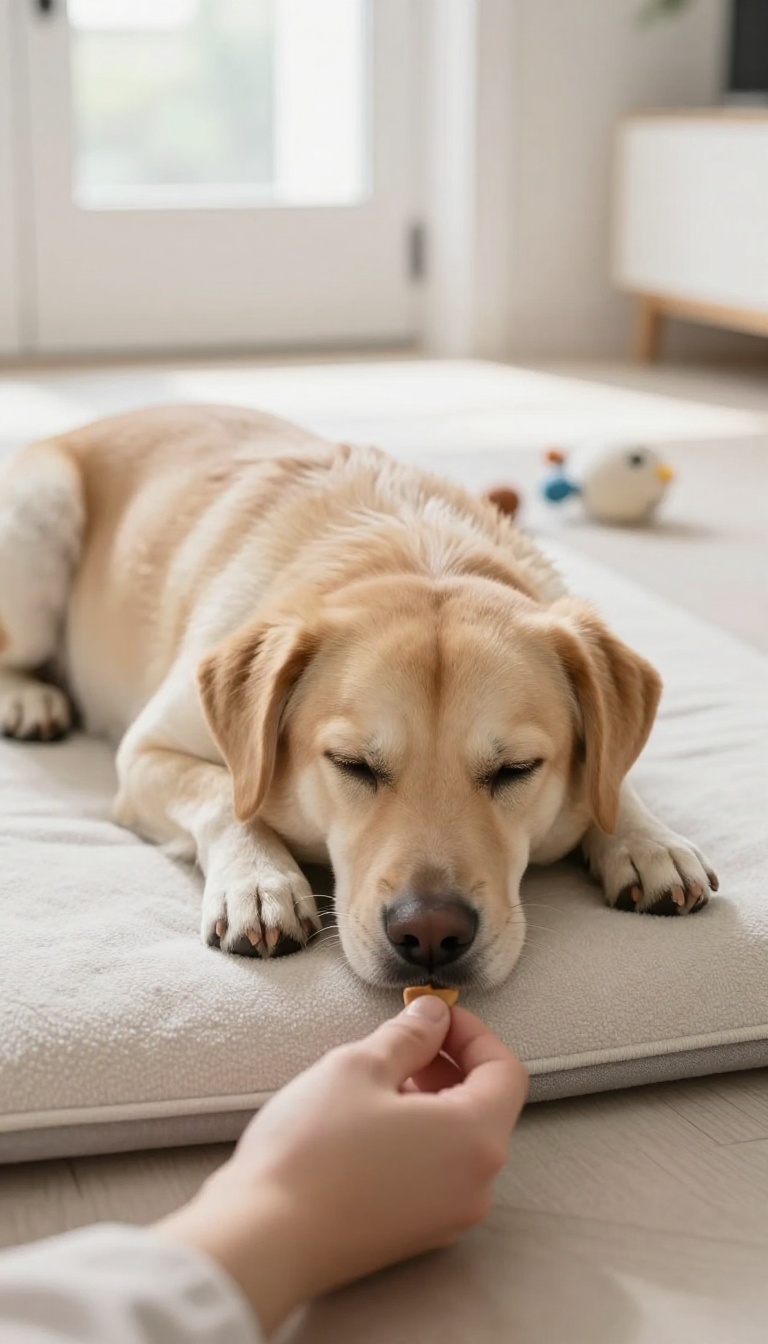 Calm dog staying on a mat while toys and a doorbell create mild distractions in a bright room.