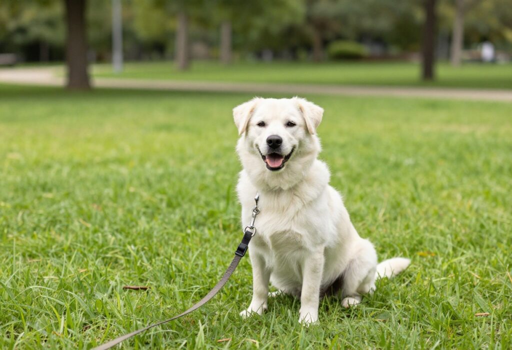 Happy puppy sitting in a sunny park, looking confident and relaxed