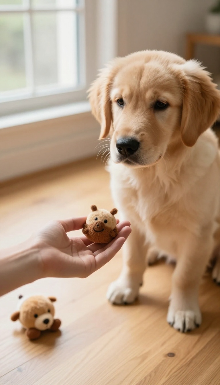 A hand offering a treat to a puppy near a toy, illustrating a trade-up training game.