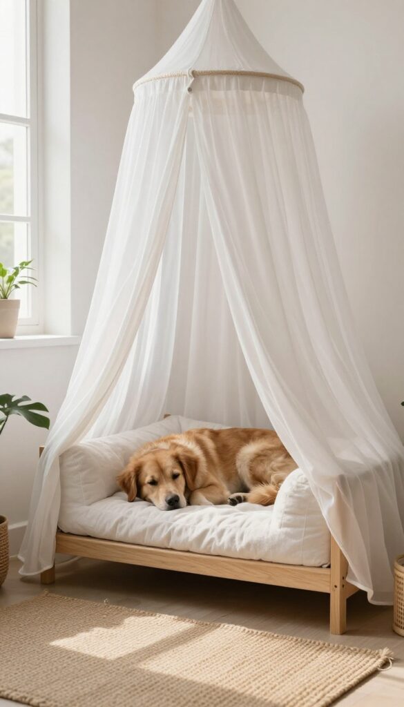 Cozy dog bed with a sheer canopy in a bright corner of a living room, creating a private retreat for a calm dog.