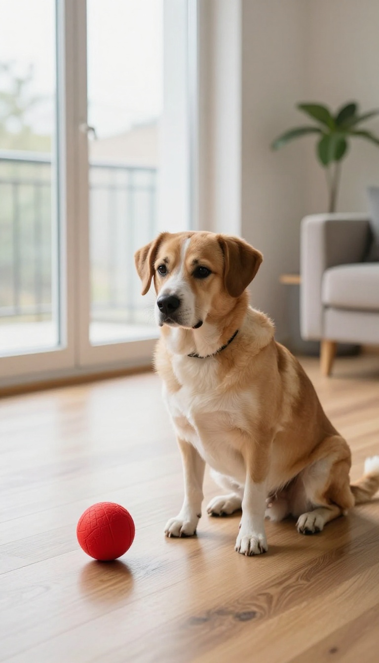 Dog staying in place while a red ball rolls past on the floor in a bright living room