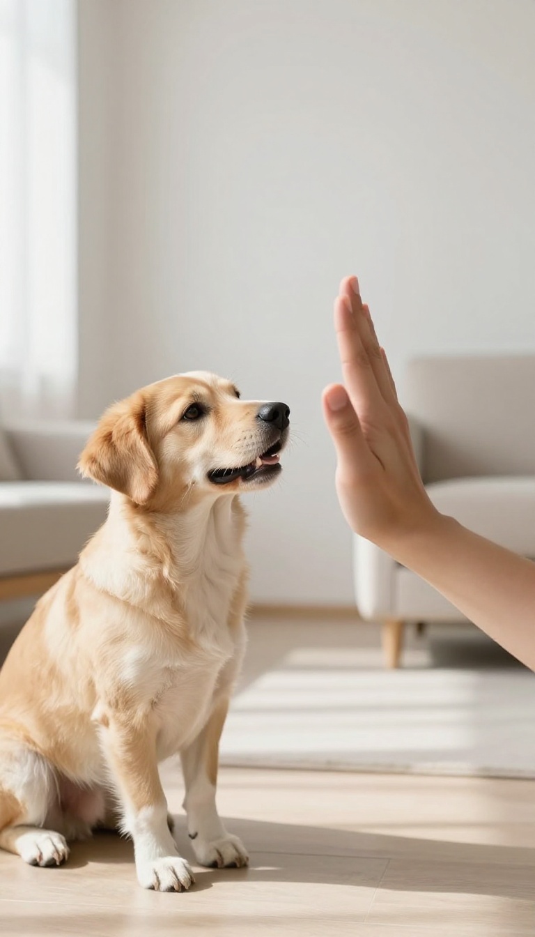 Person giving a high five to a happy dog in a bright living room