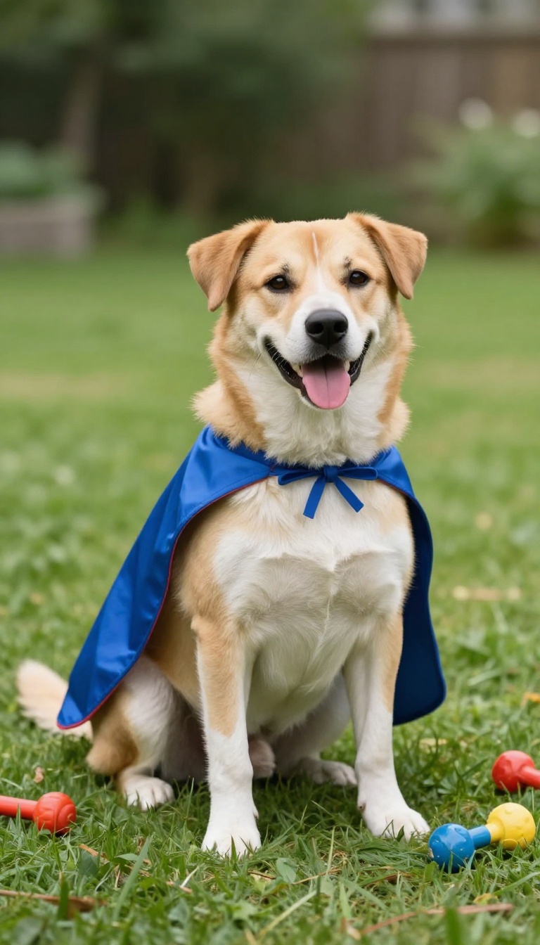 Happy dog in a comfortable costume sitting in a sunny backyard during a short training session