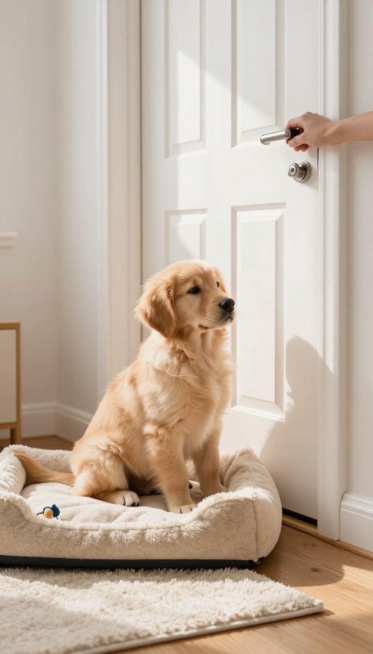Golden retriever puppy sitting calmly near a closed door in a bright living room, practicing short alone-time sessions at home.