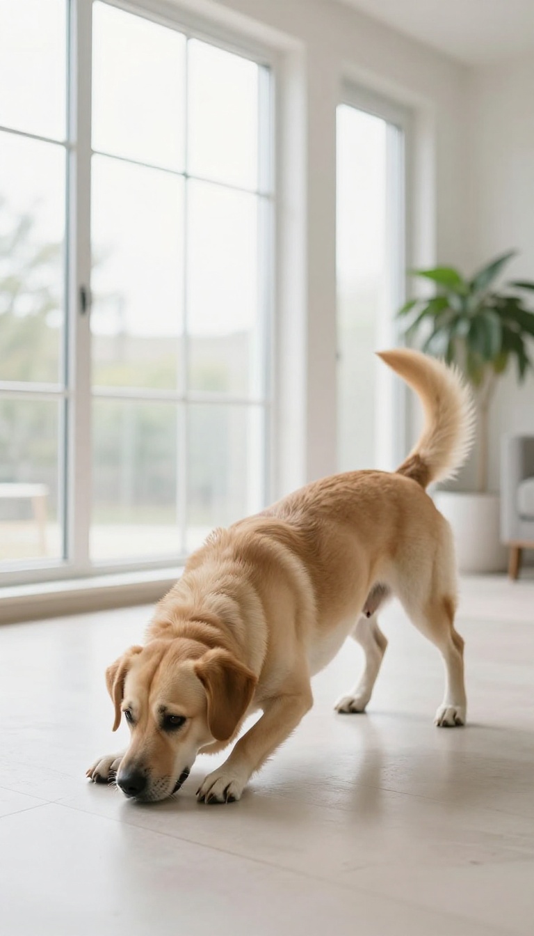 A dog performing a bow trick in a bright living room