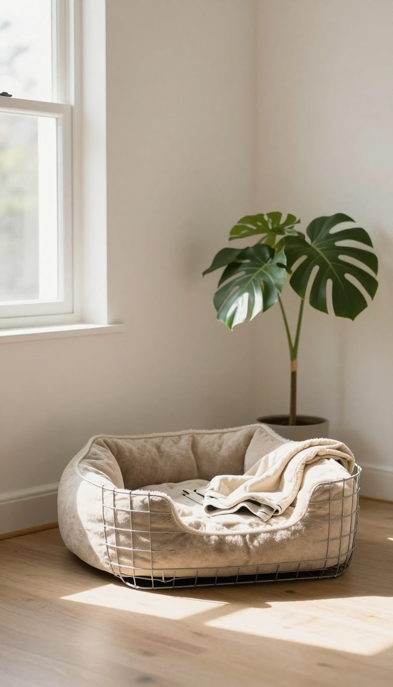 A cozy, open dog crate with a plush bed in a bright, quiet corner of a living room, creating a safe space for a shy dog.