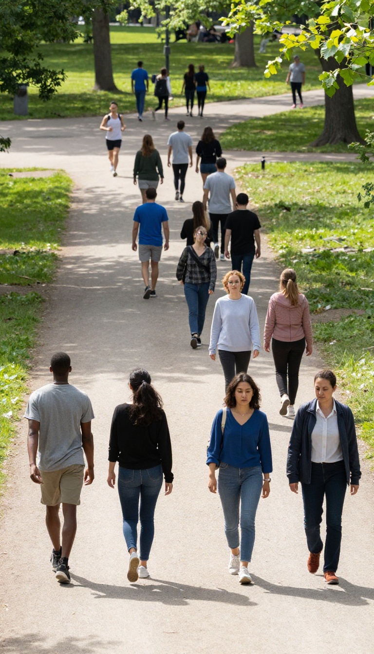 People walking on the right side of a park path while a jogger passes on the left