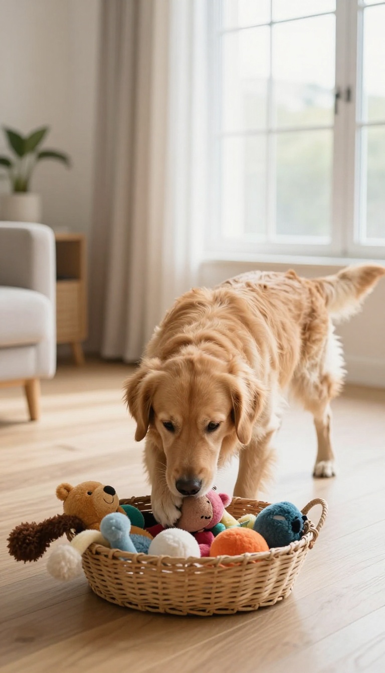 Golden retriever putting a toy into a basket in a bright living room