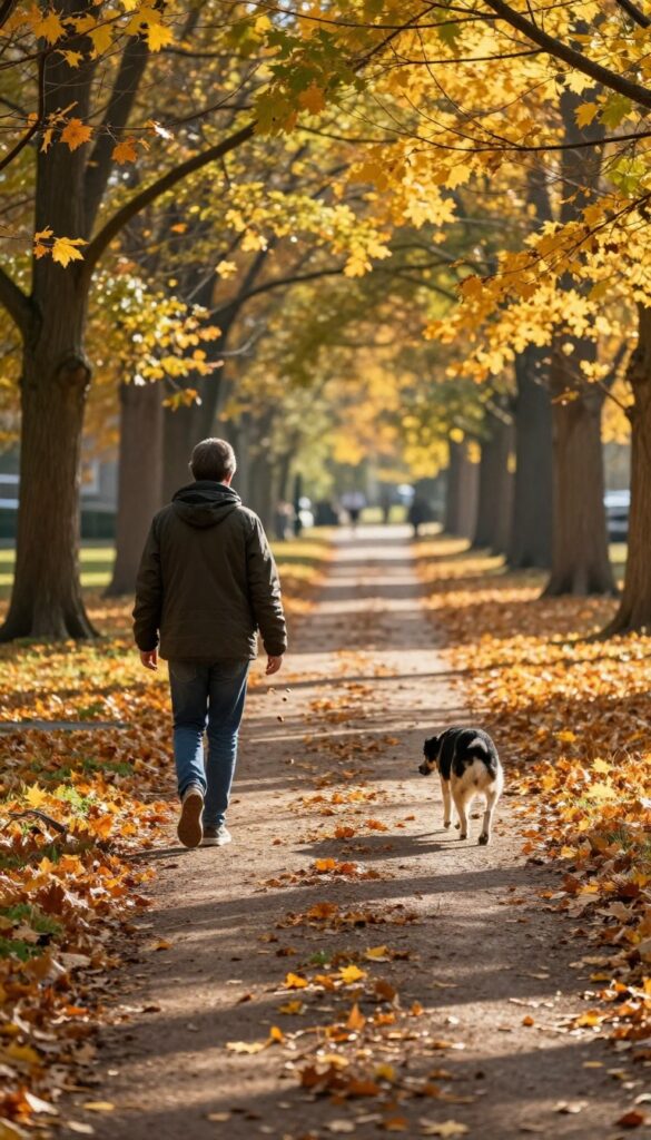 Dog following a scent trail of treats on a leaf-covered path in an autumn park