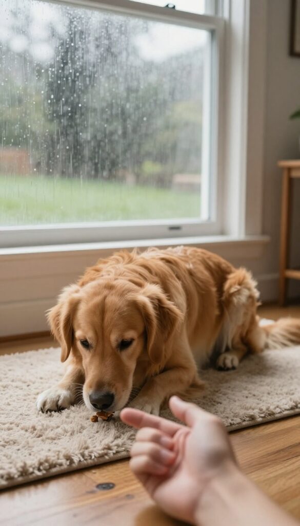 Golden retriever practicing 'leave it' with a treat on the floor in a bright living room on a rainy day.