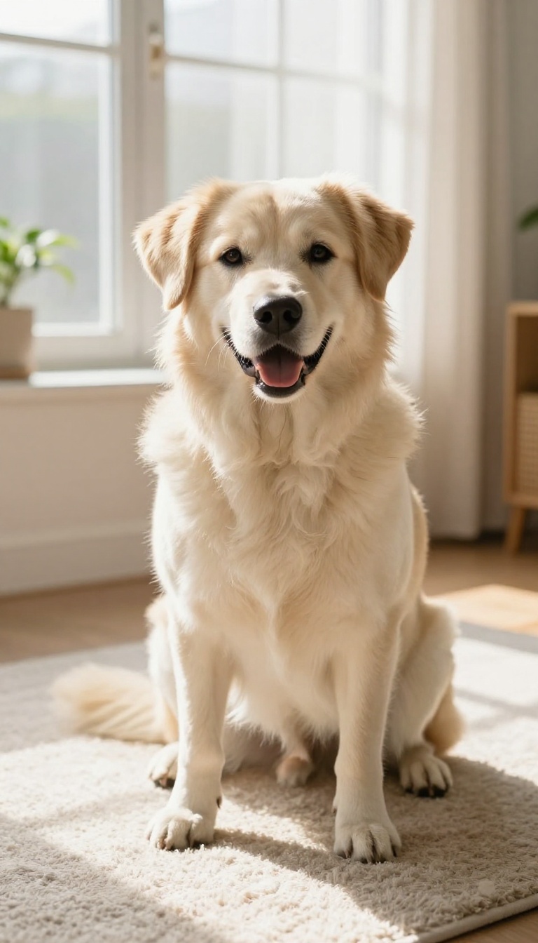 A relaxed rescue dog with calm body language in a bright living room