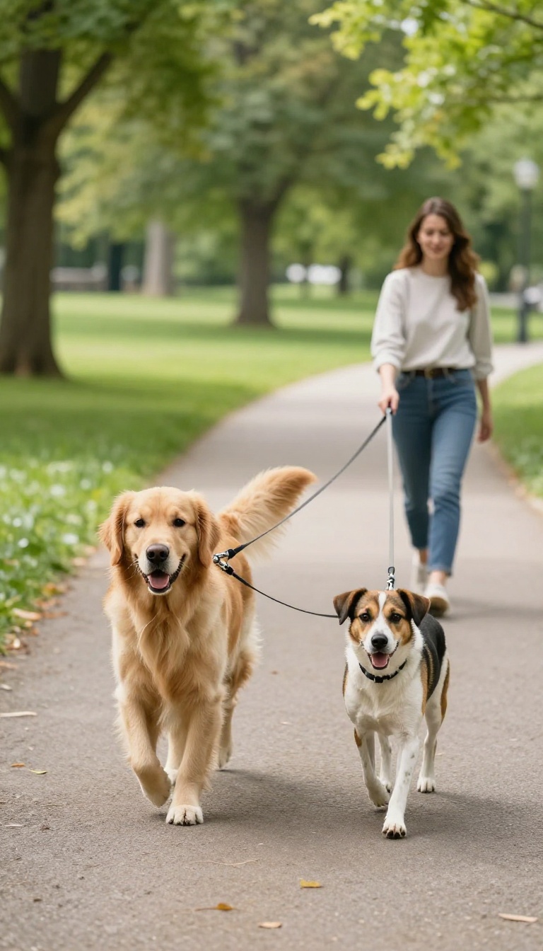 Two dogs walking side by side on leashes in a sunny park, one calm and confident, the other relaxed and attentive, representing parallel walking.