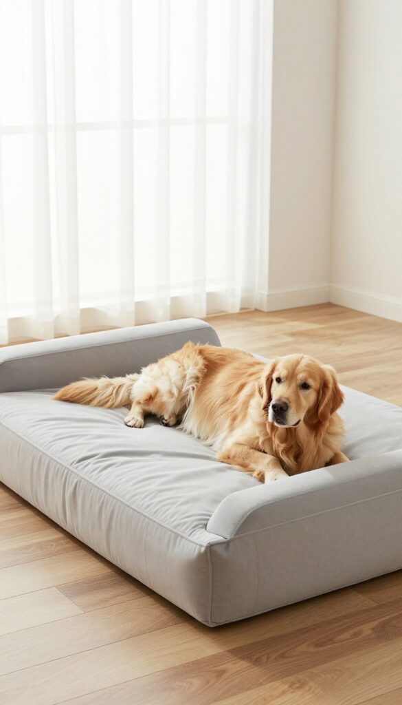 Large dog stretching out on a flat memory foam dog bed with removable cover in a bright living room