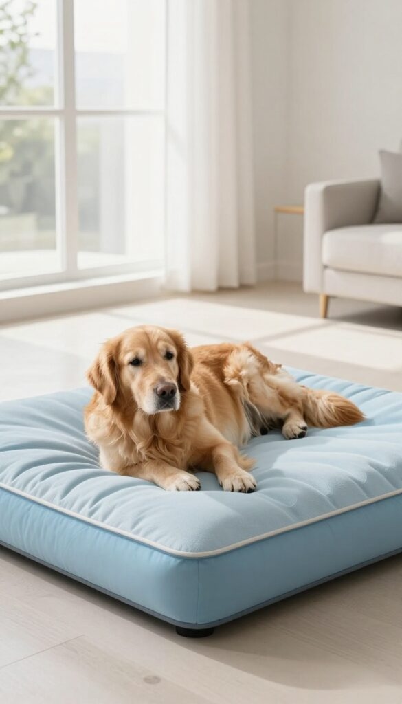 Senior golden retriever resting on a cooling gel memory foam dog bed in a bright living room