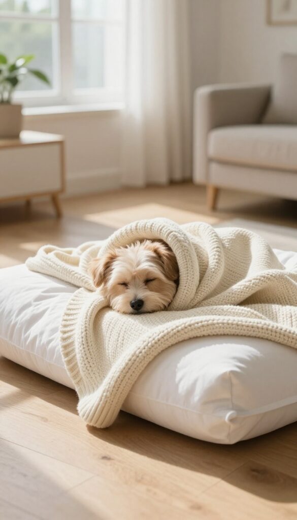 A small dog resting on a cozy sweater-wrapped pillow bed in a bright living room