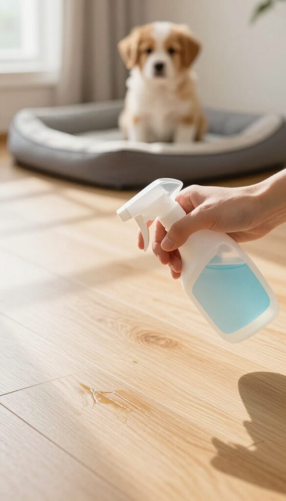 Hand spraying enzymatic cleaner on a floor stain with a puppy watching nearby