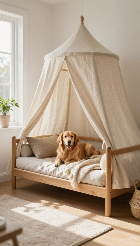 Custom DIY wooden dog bed with a cream linen canopy, styled in a bright living room with a golden retriever resting inside.