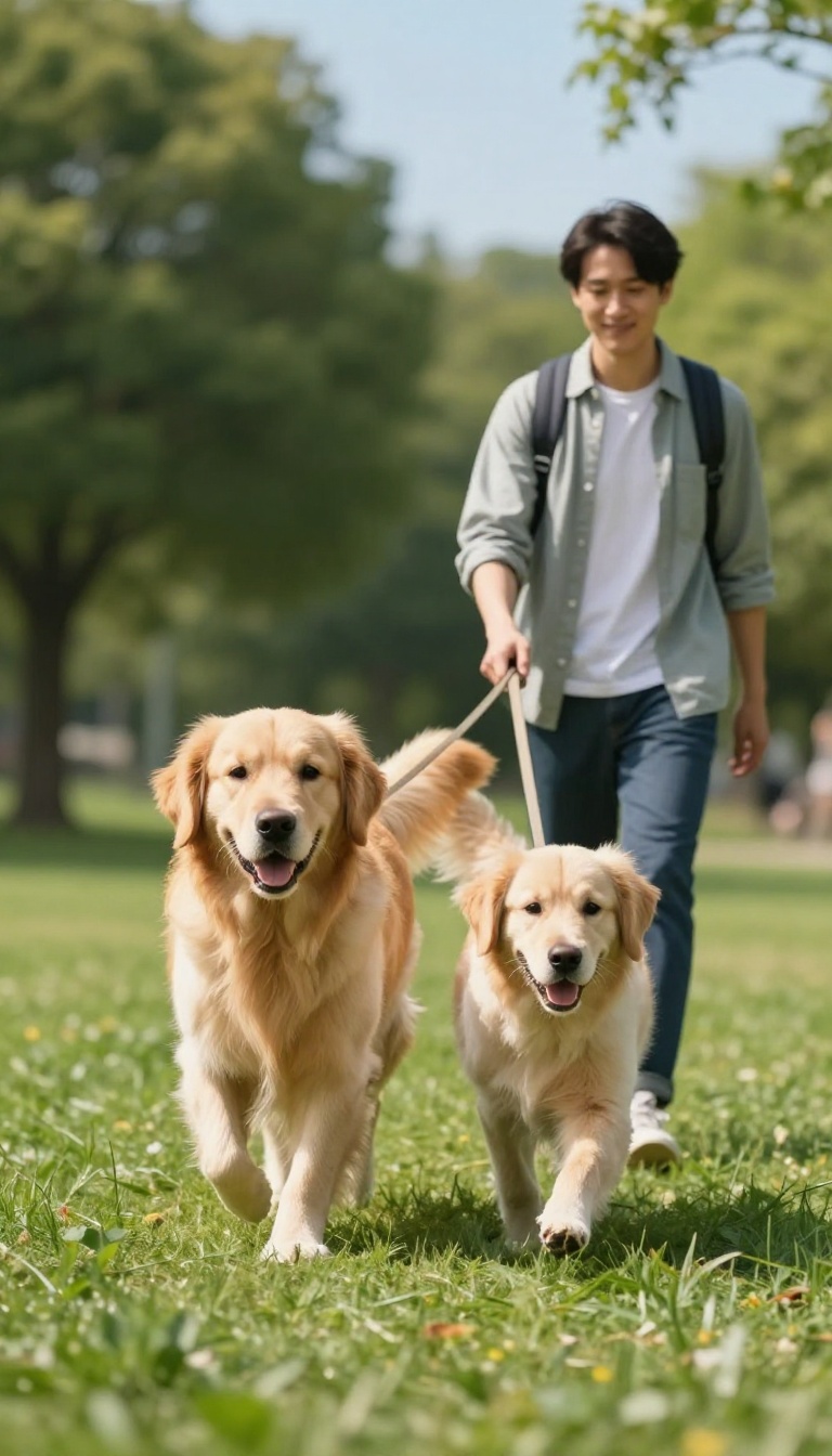 A dog and owner walking together on a sunny path with a loose leash, illustrating the 'Let's Go' cue.