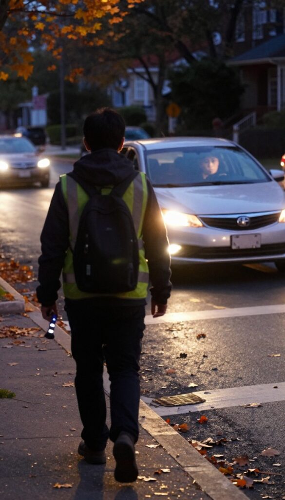 Pedestrian making eye contact with a driver at a crosswalk in low light, with autumn leaves on the ground and a reflective vest.