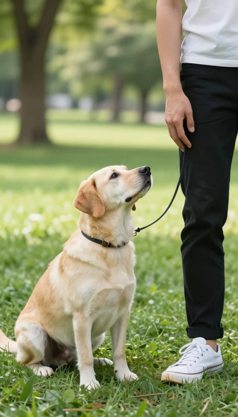 Person patting thigh to signal dog to heel while walking in a sunny park.