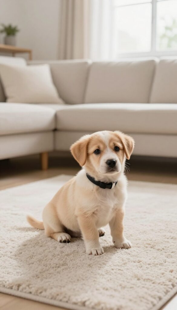 Puppy wearing a spray collar in a bright living room
