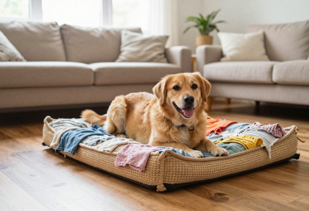 Dog resting on a homemade braided t-shirt bed in a bright living room