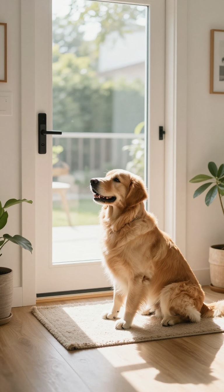 Calm golden retriever sitting by a front door, desensitized to doorbell sound