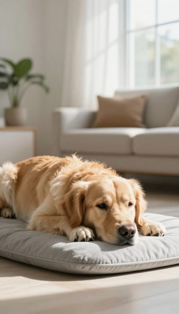 A calm dog lying on a mat in a bright living room, illustrating the 'Settle' mat training exercise for impulse control.