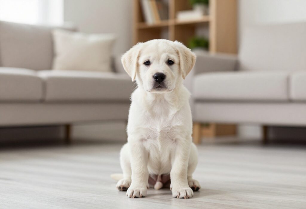 Puppy sitting politely on the floor, looking at the camera