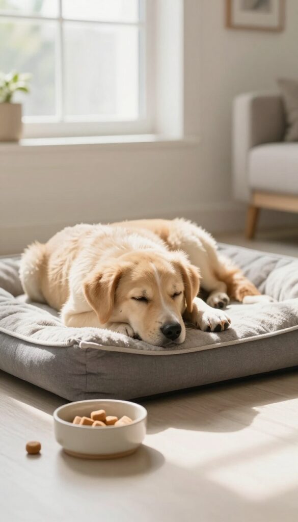 A calm puppy resting on a bed with a bowl of treats nearby in a bright living room