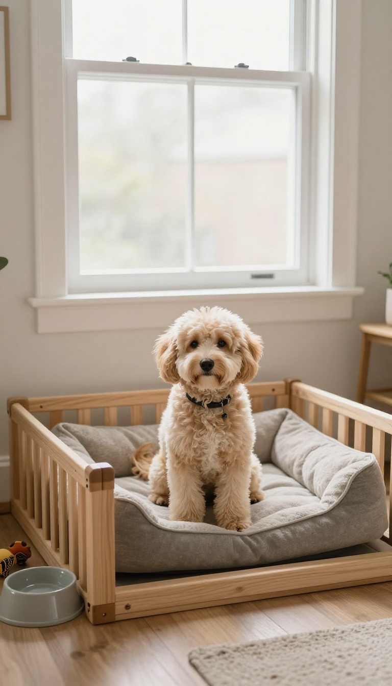 Small dog in a safe zone created by a baby gate in a bright living room