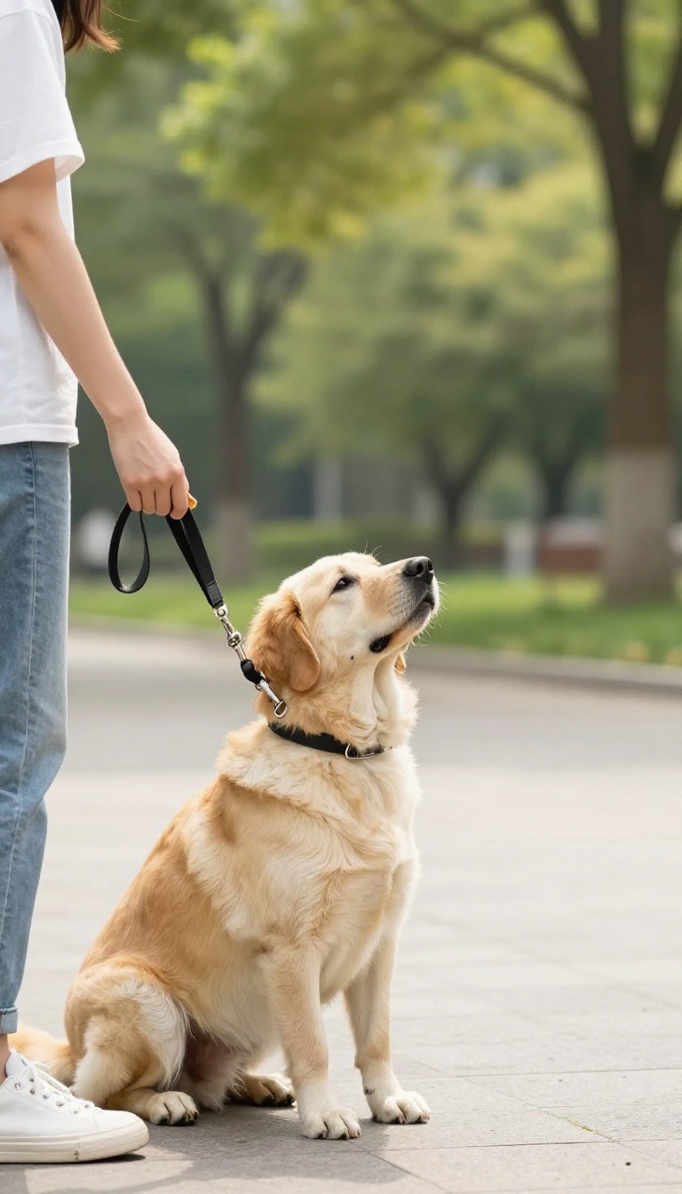 Dog sitting calmly on leash during a stranger greeting training drill in a sunny park