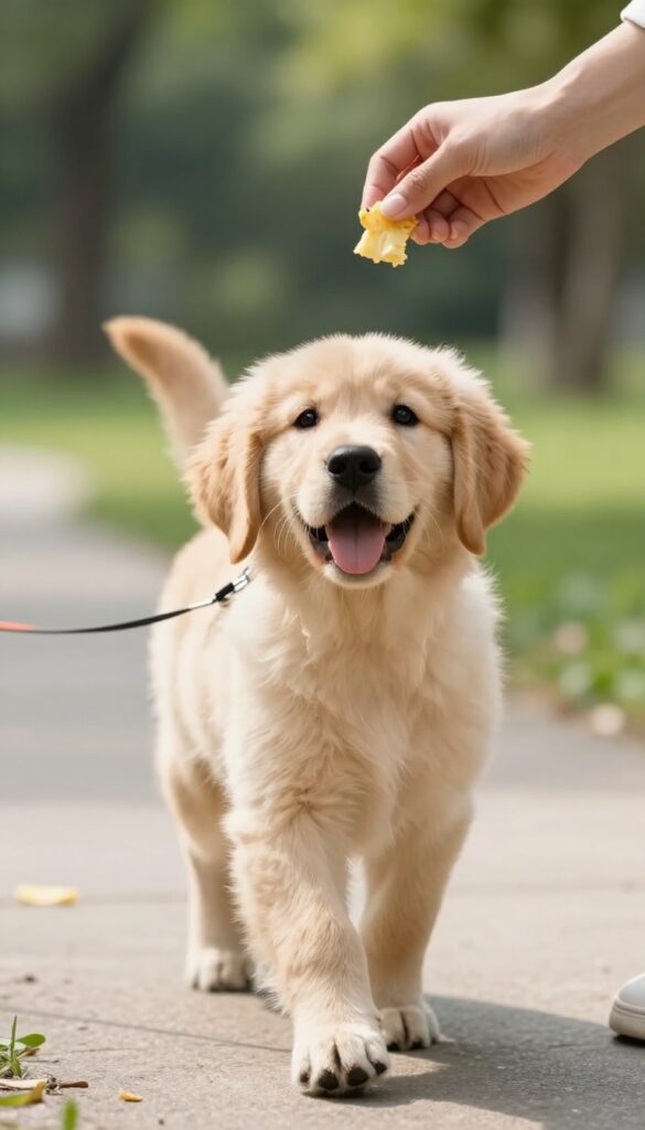 Puppy practicing leave it during a walk, looking at owner for a treat while ignoring food on the ground.