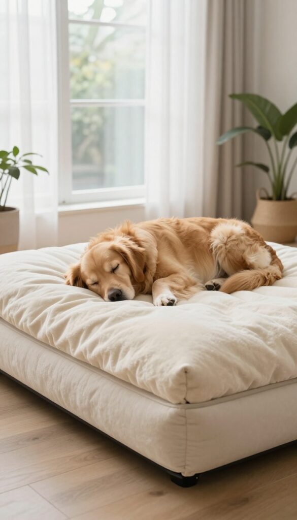 Large dog sleeping on a heated bed in a bright living room