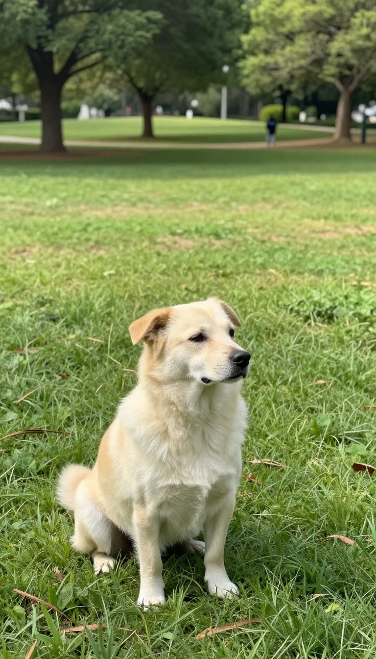 Shy dog calmly observing a distant person during a training game
