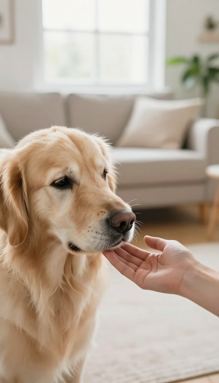 Senior golden retriever touching its nose to a person's open hand in a bright living room